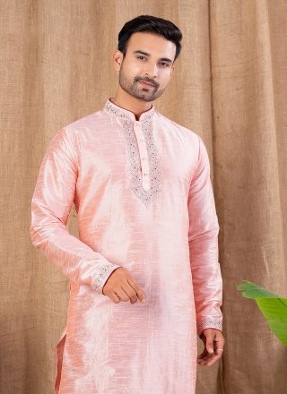 Peach Art Silk Kurta Pyjama with Buttons Work for Ceremonial