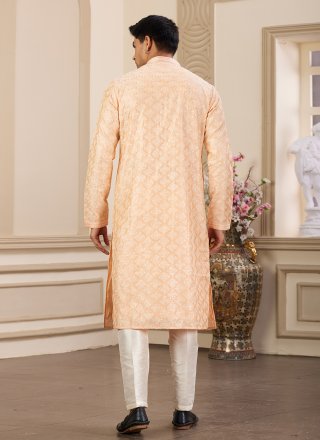Peach Art Silk Kurta Pyjama with Machine Embroidery Work