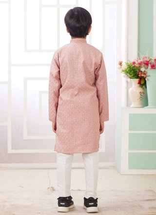 Peach Art Silk Kurta Pyjama with Thread Work for Kid