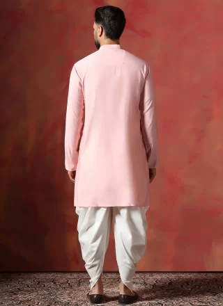 Peach Blended Cotton Plain Work Dhoti Kurta