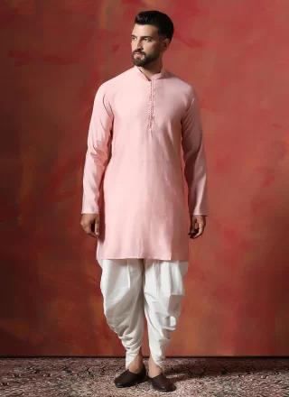 Peach Blended Cotton Plain Work Dhoti Kurta