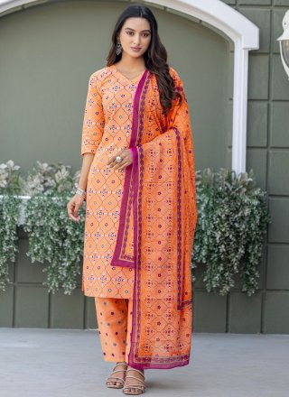 Peach Blended Cotton Print Work Salwar Suit for Casual