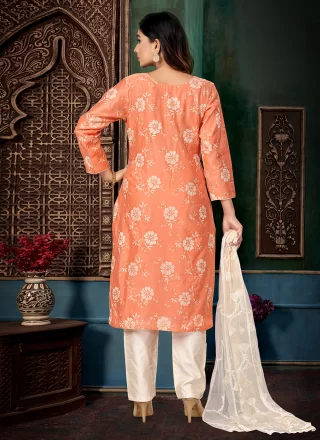 Peach Chanderi Silk Print Work Salwar Suit for Ceremonial