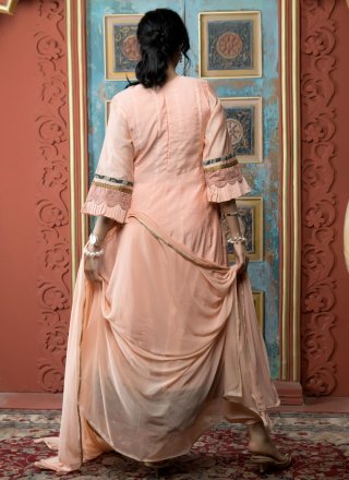 Peach Chanderi Silk Readymade Style with Embroidered and Print Work