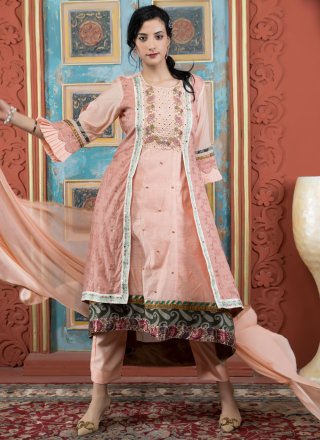 Peach Chanderi Silk Readymade Style with Embroidered and Print Work