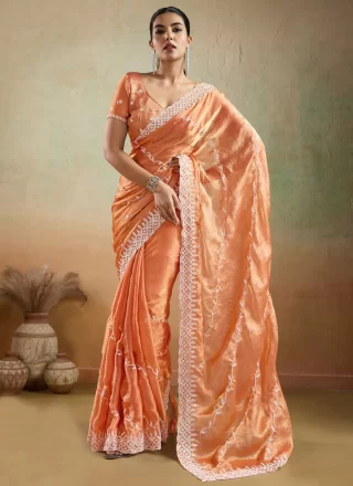Peach Chiffon Traditional Saree with Embroidered Work