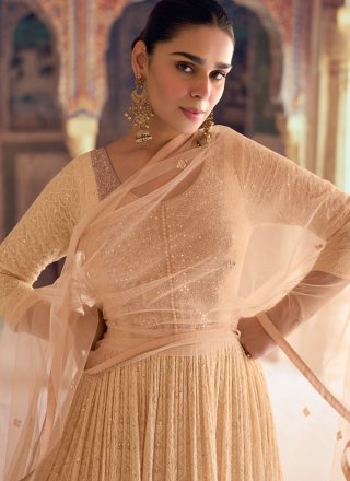Peach Chikankari, Embroidered, Mirror and Sequins Work Pure Georgette Gown