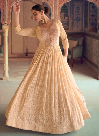 Peach Chikankari, Embroidered, Mirror and Sequins Work Pure Georgette Gown