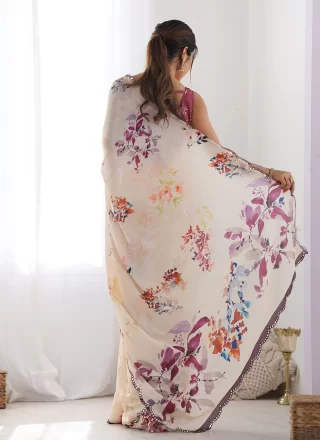 Peach Chinon Digital Print and Mirror Work Classic Saree for Casual
