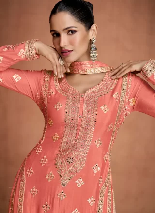 Peach Chinon Embroidered, Mirror and Zari Work Salwar Suit