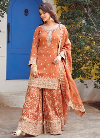 Peach Chinon Salwar Suit with Embroidered Work