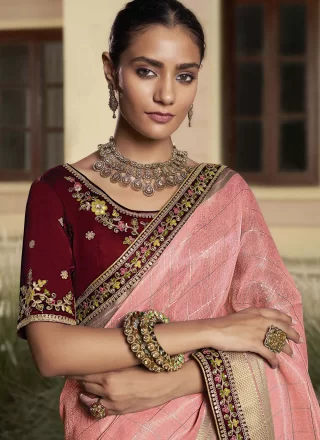 Peach Cord, Embroidered and Zari Work Cotton Designer Saree