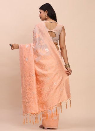 Peach Cotton Casual Saree with Weaving Work