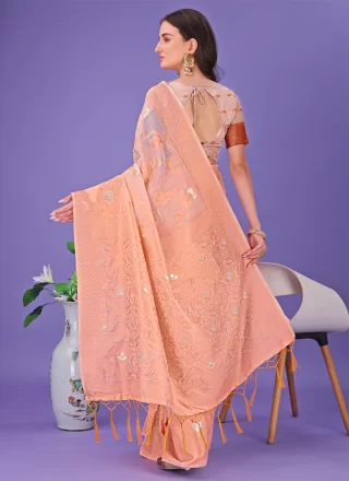 Peach Cotton Classic Saree with Print Work