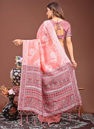 Peach Cotton Classic Saree with Print Work