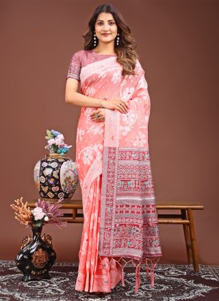 Peach Cotton Classic Saree with Print Work
