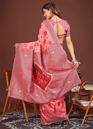 Peach Cotton Classic Saree with Print Work