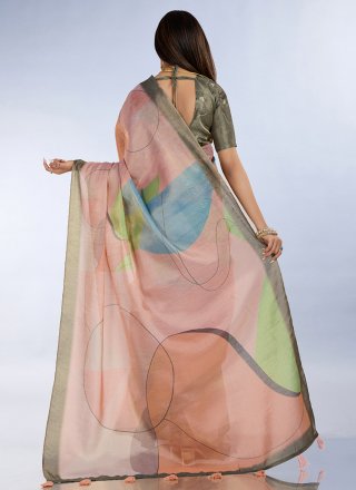Peach Cotton Digital Print Work Classic Sari