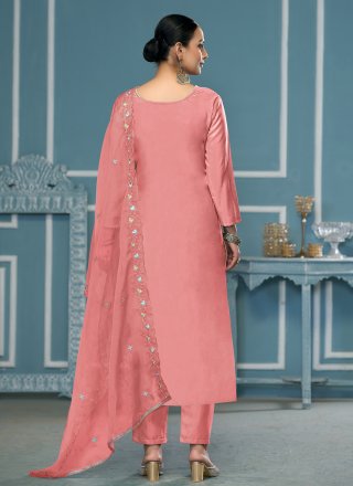 Peach Cotton Embroidered and Hand Work Pant Style Suit for Casual