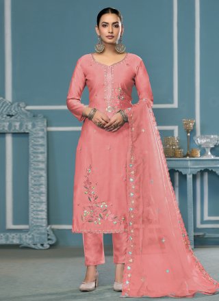Peach Cotton Embroidered and Hand Work Pant Style Suit for Casual