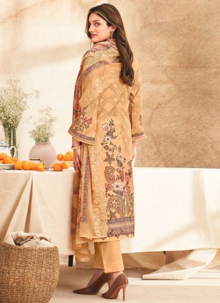 Peach Cotton Lawn Salwar Suit with Digital Print, Resham, Thread and Zari Work
