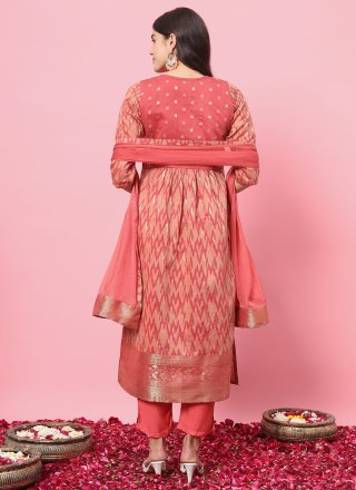 Peach Cotton Silk Pant Style Suit with Embroidered and Print Work for Ceremonial