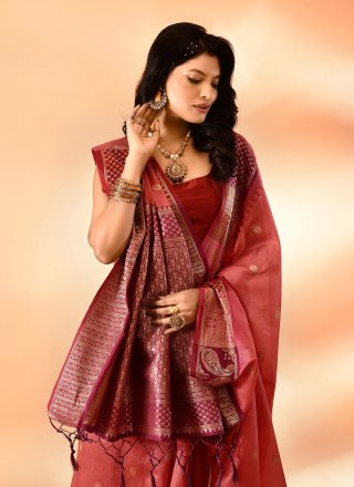 Peach Cotton Silk Plain and Woven Work Contemporary Sari for Ceremonial