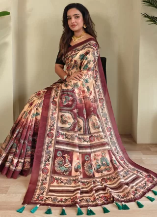 Peach Cotton Traditional Saree with Print Work