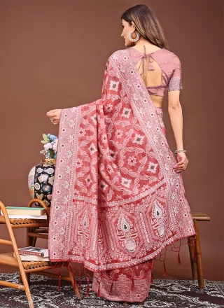 Peach Cotton Trendy Saree with Print Work