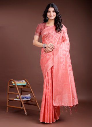 Peach Cotton Trendy Saree with Weaving Work