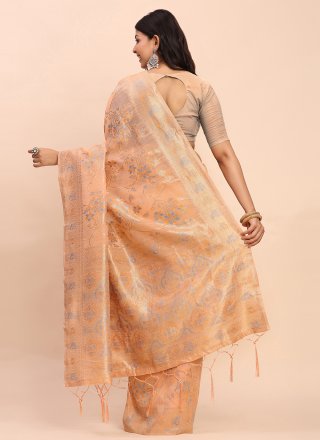 Peach Cotton Trendy Saree with Woven Work
