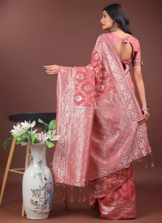 Peach Cotton Weaving Work Contemporary Sari