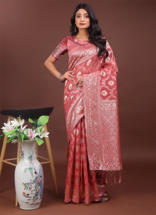 Peach Cotton Weaving Work Contemporary Sari