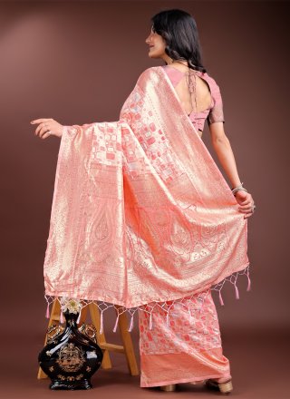 Peach Cotton Weaving Work Trendy Saree for Casual