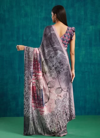 Peach Crepe Silk Contemporary Sari