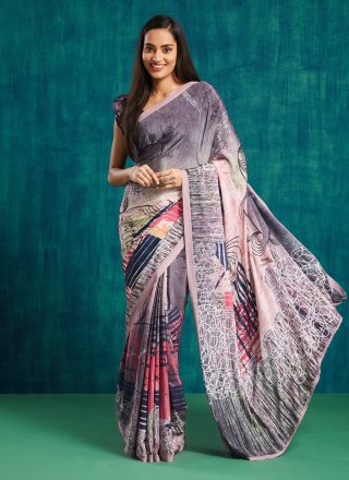 Peach Crepe Silk Contemporary Sari