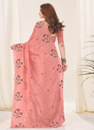 Peach Crush Trendy Saree with Cut, Embroidered and Thread Work