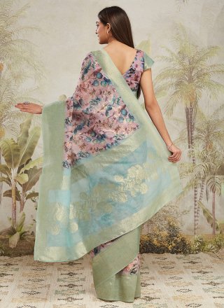 Peach Digital Print Work Jacquard Silk Classic Saree