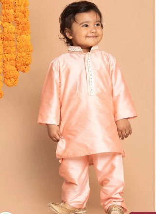 Peach Dupion Silk Embroidered Work Kurta Pyjama for Festival