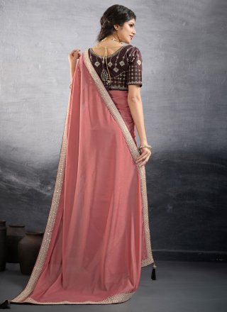 Peach Fancy Fabric Patch Border, Embroidered and Zari Work Trendy Saree