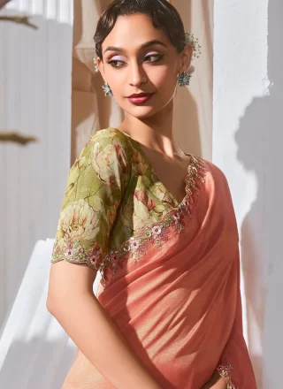 Peach Fancy Fabric Traditional Saree with Patch Border, Cut, Embroidered and Sequins Work