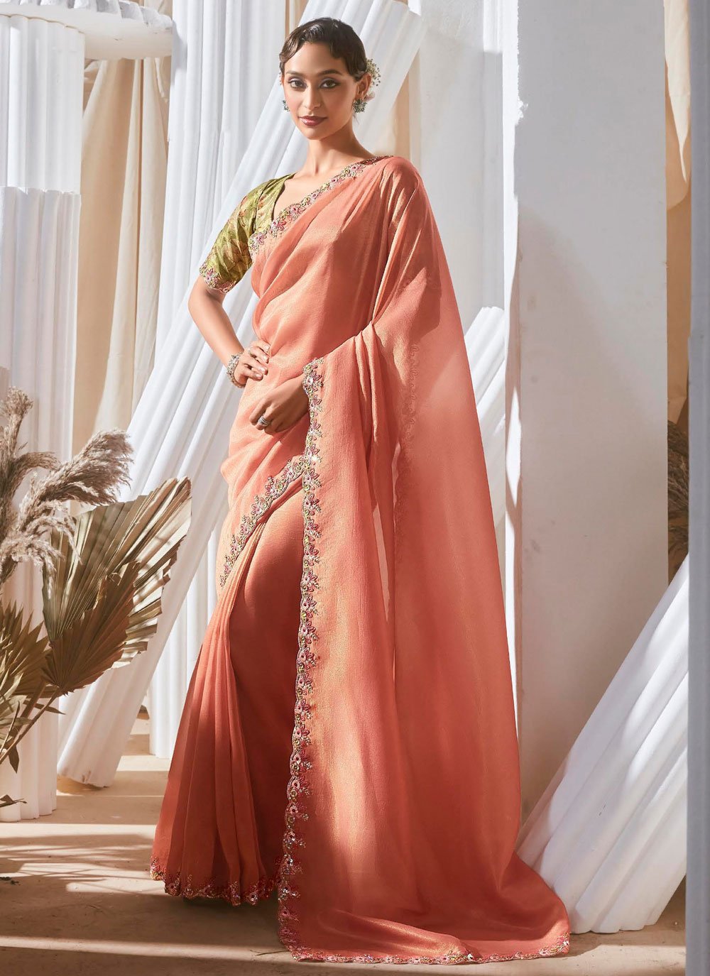 Peach Fancy Fabric Traditional Saree with Patch Border, Cut, Embroidered  and Sequins Work