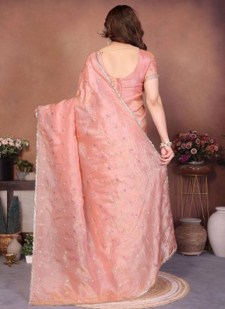 Peach Faux Crepe Classic Sari with Embroidered and Sequins Work