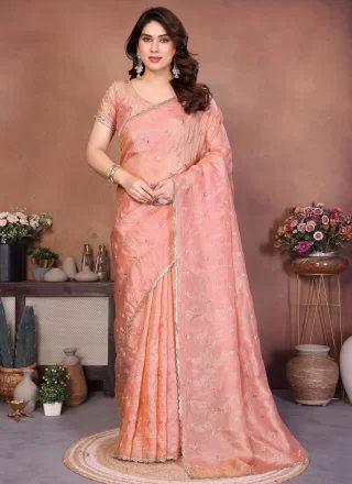Peach Faux Crepe Classic Sari with Embroidered and Sequins Work