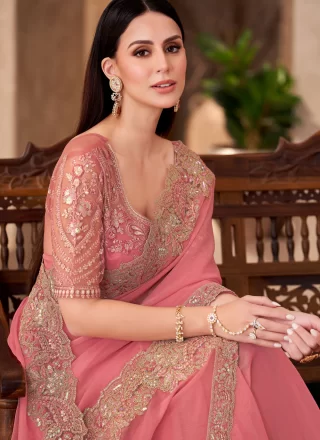 Peach Faux Georgette Designer Saree with Patch Border and Embroidered Work
