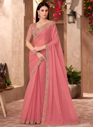 Peach Faux Georgette Designer Saree with Patch Border and Embroidered Work