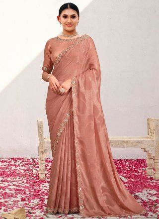 Peach Georgette Classic Sari with Patch Border, Embroidered, Moti, Stone and Thread Work for Ceremonial