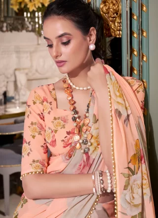 Peach Georgette Designer Saree with Patch Border, Lace, Pearls and Print Work