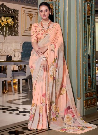 Peach Georgette Designer Saree with Patch Border, Lace, Pearls and Print Work