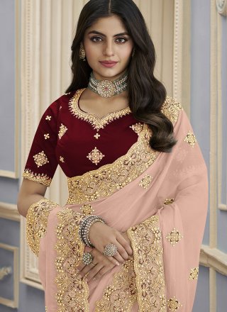 Peach Georgette Designer Sari with Beads, Cord, Embroidered and Thread Work
